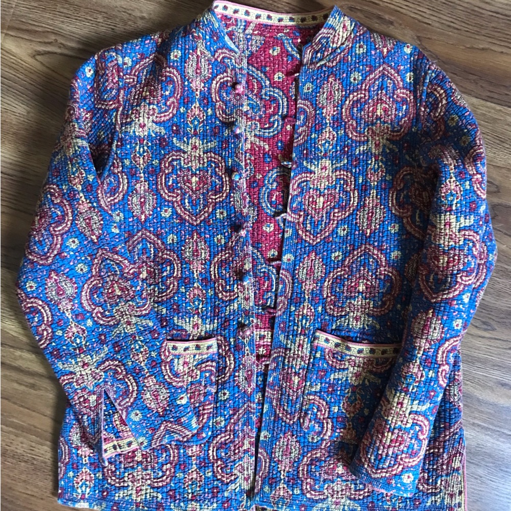 Boho Quilted Open Front Jacket in Blue & Red
